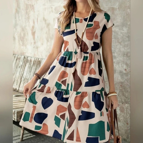 Summer Geometric Pattern Print Round Neck Short-Sleeve Dress - Picture 1 of 3